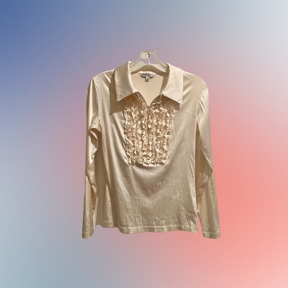 Vintage 70s White/Cream Tuxedo Ruffle Blouse Top, Silk, Made in USA